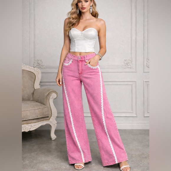 Boutique Denim - 04765. Embroidered Pink Wide-Leg Jeans WITH DEtails Strestch